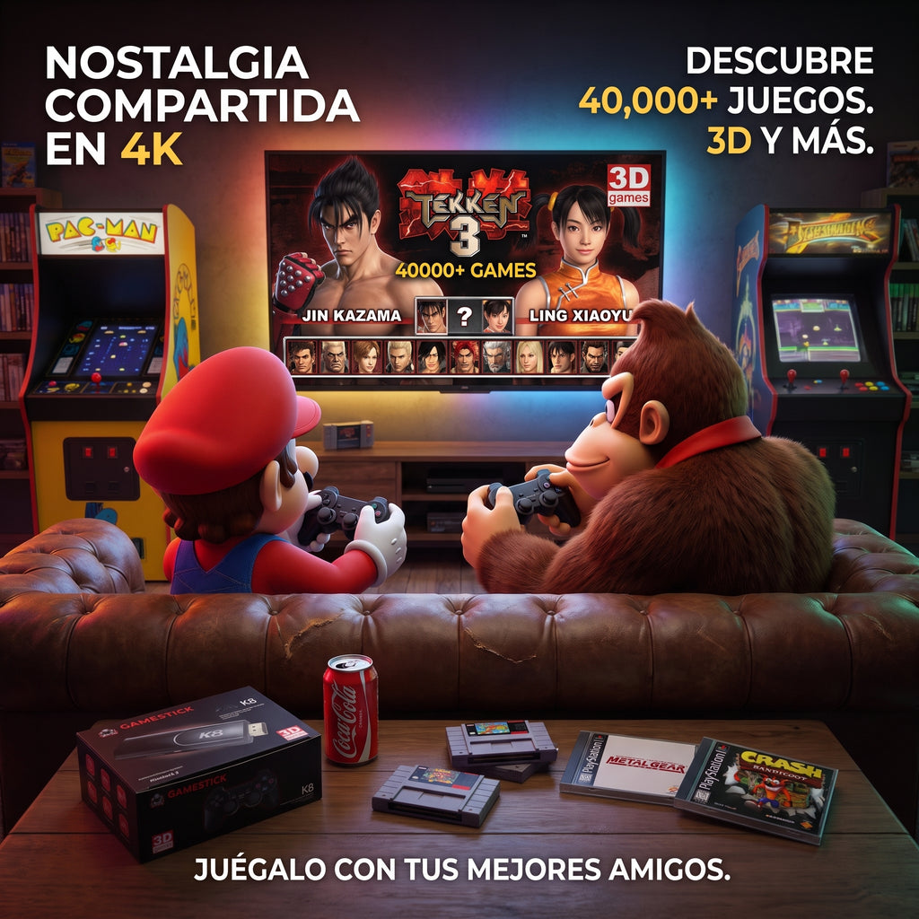 Consola Retro K8 Game Stick HDMI 4K + 40.000 Juegos + 2 Controles Inalámbricos