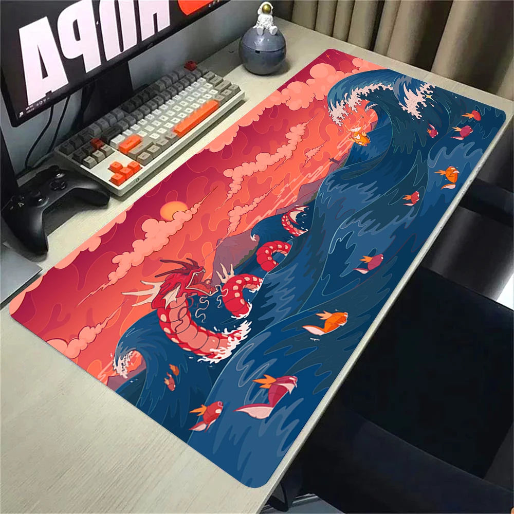 MousePad XXL Arte | Dragón Rojo y Olas - Edición Premium